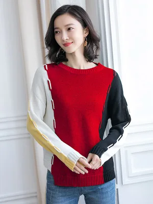 Fashion Autumn Winter Women Knitted O Neck 2 Patchwork Sweater Office Lady Loose Size S-xl Pullover Jl-aym1938 | Женская одежда