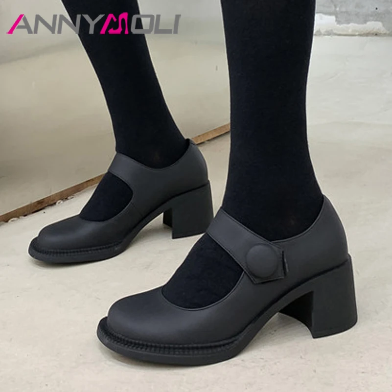 

Туфли ANNYMOLI женские из натуральной кожи, туфли-лодочки, высокий каблук, круглый носок, Классическая обувь, черные, размер 40