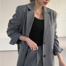 Hzirip grey 2 piezas conjuntos flojo recta pantalones de uniforme chic otoño trajes de negocios...