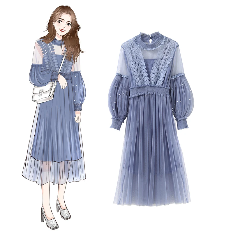 2021 Новинка в Корейском стиле Кружевное платье из тонкого сетчатого полотна для