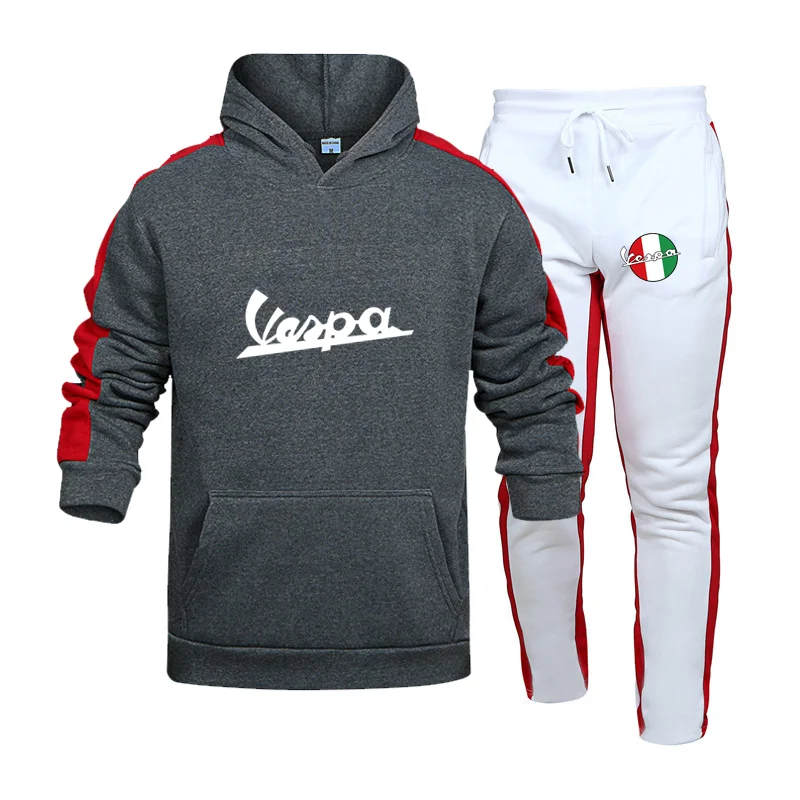 

2021 Spring Autumn New VESPA Logo White Printing Men's Sweater Hoodie + Pants Two-Piece Fashion Leisure Fitness Sports Suit
