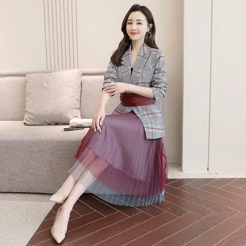 2019 Женский клетчатый Блейзер сетчатая юбка в складку костюм офисная одежда