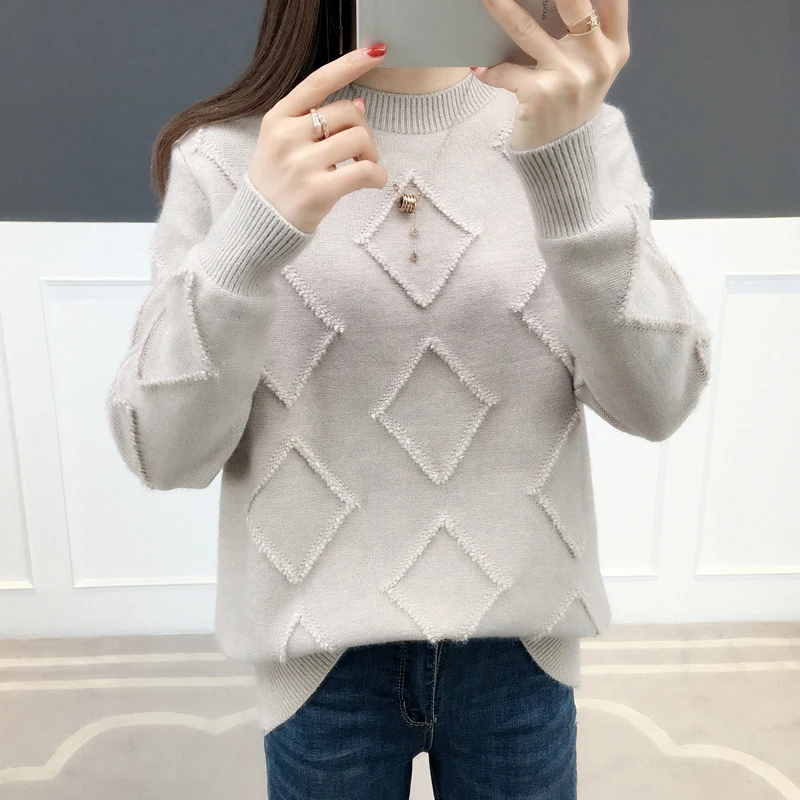 Women Solid Winter Sweater Chic Thick Pullovers Fashion Knitting Geometric Ladies Long Sleeve Casual Warm Lady |