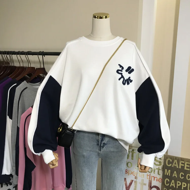 

2021 Fall Winter Plus Size Crewneck Terry Pullovers Top Female Long Sleeve Patchwork Street Oversized Sweatshirt White