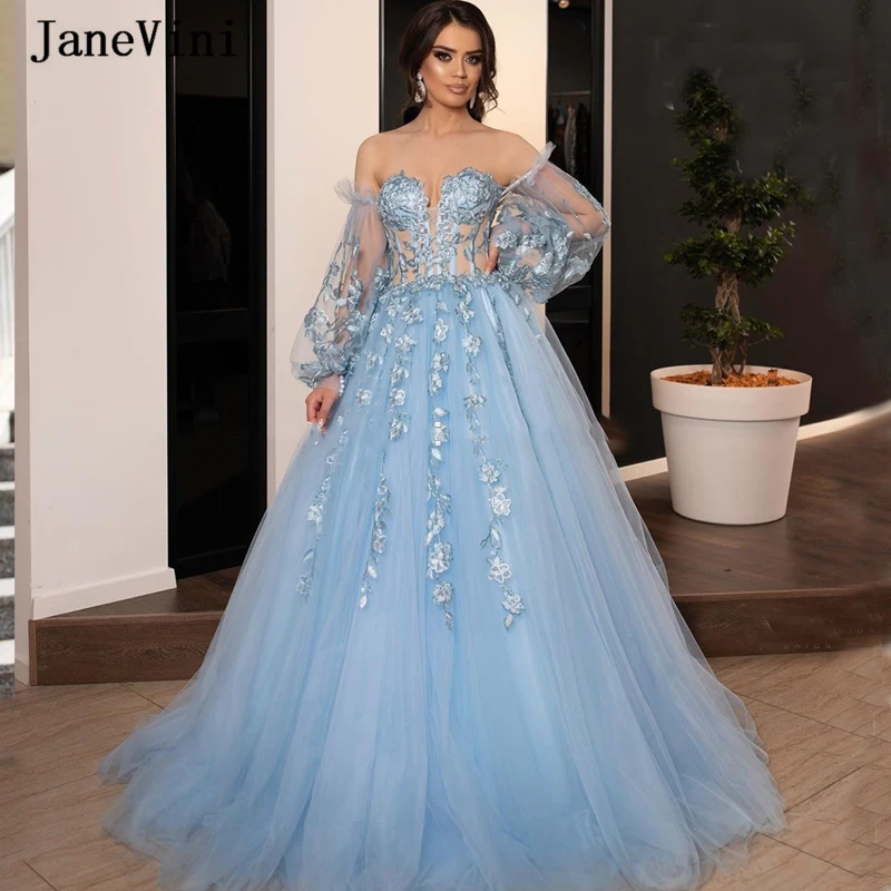 

JaneVini Charming Sky Blue Muslim Long Prom Dresses with Puffy Sleeve Sweetheart Lace Appliques Beaded A Line Tulle Formal Gowns