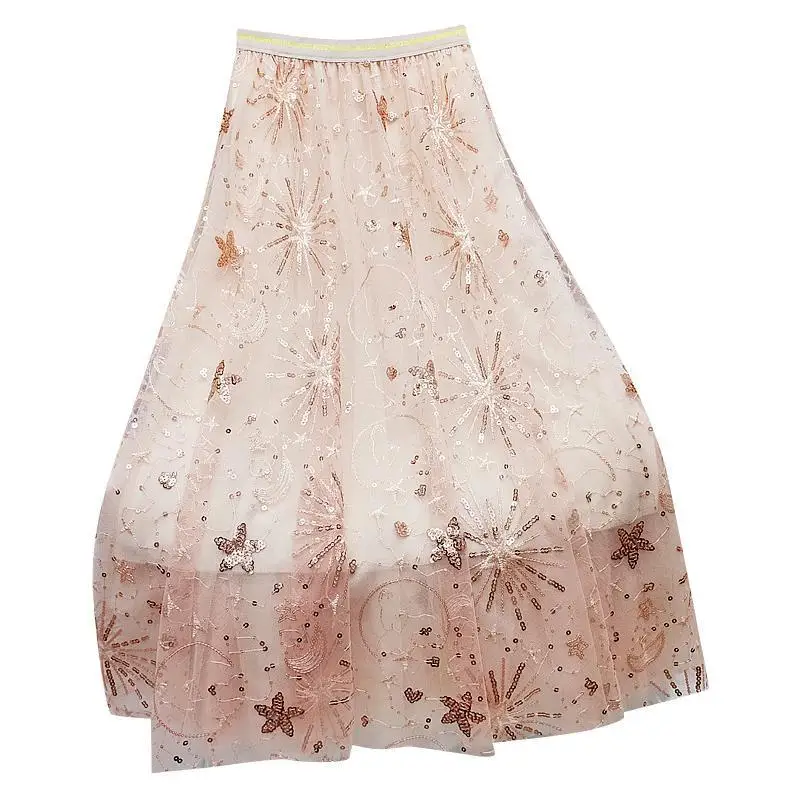 

Guilantu Spring Summer High Waisted Long Skirt Women Korean Fashion Casual Embroidery Sequined Harajuku Mesh Tulle Skirt Female