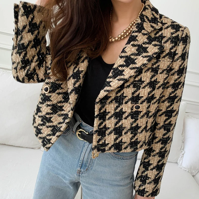 

2021 Spring And Autumn Lapel Double Breasted Blazer Suits Loose Houndstooth Plaid Tweed Button Caradigan Short Jacket Women Coat