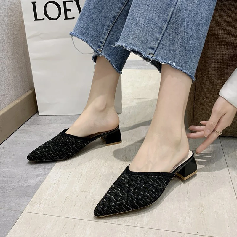 Women Slippers Pointed Toe High Heel Mules Shoes Summer Elastic Knitted Slippers Pumps Woman Fashion Elegant Party Shoes