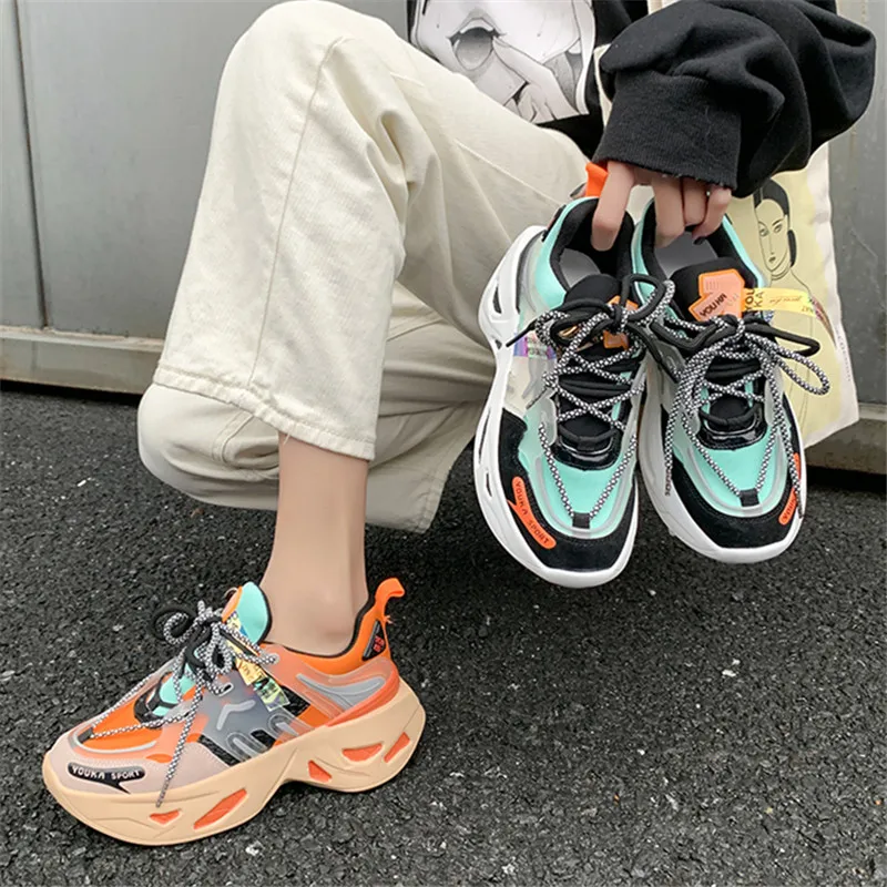 

2020 Fashion Mesh Shoes Famale Chunky Shoes Women's Sports Shoes Footwear PU Leather Women's Mesh Breathable Thick Sneakers