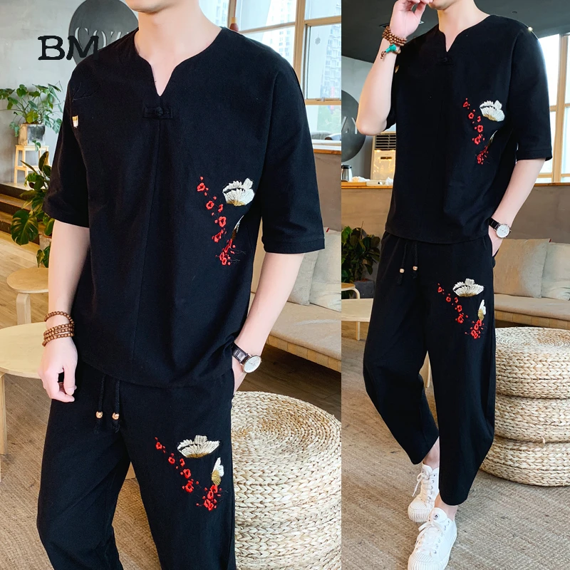 Костюм в китайском стиле мужской с вышивкой тонкий Топ коротким рукавом модные