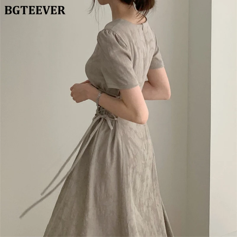BGTEEVER Retro V-neck Slim Waist Women Dress Elegant Short Sleeve Lace Up Female 2020 Summer Floral Pattern Vestidos femme | Женская