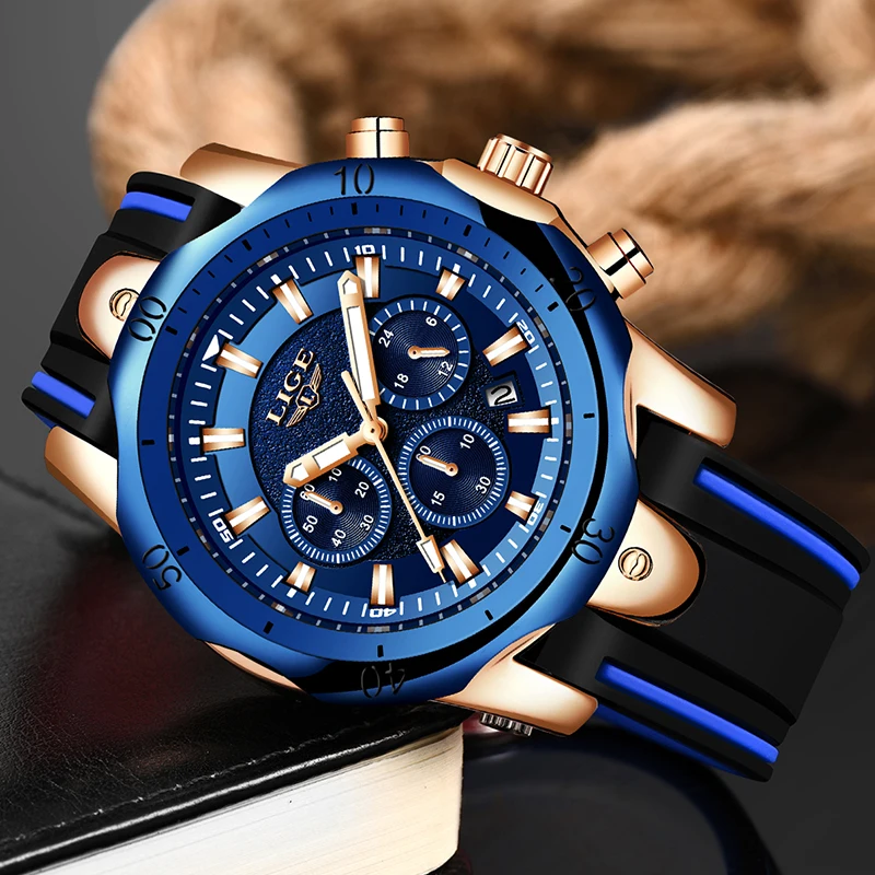 Часы наручные LIGE мужские с хронографом брендовые аналоговые кварцевые