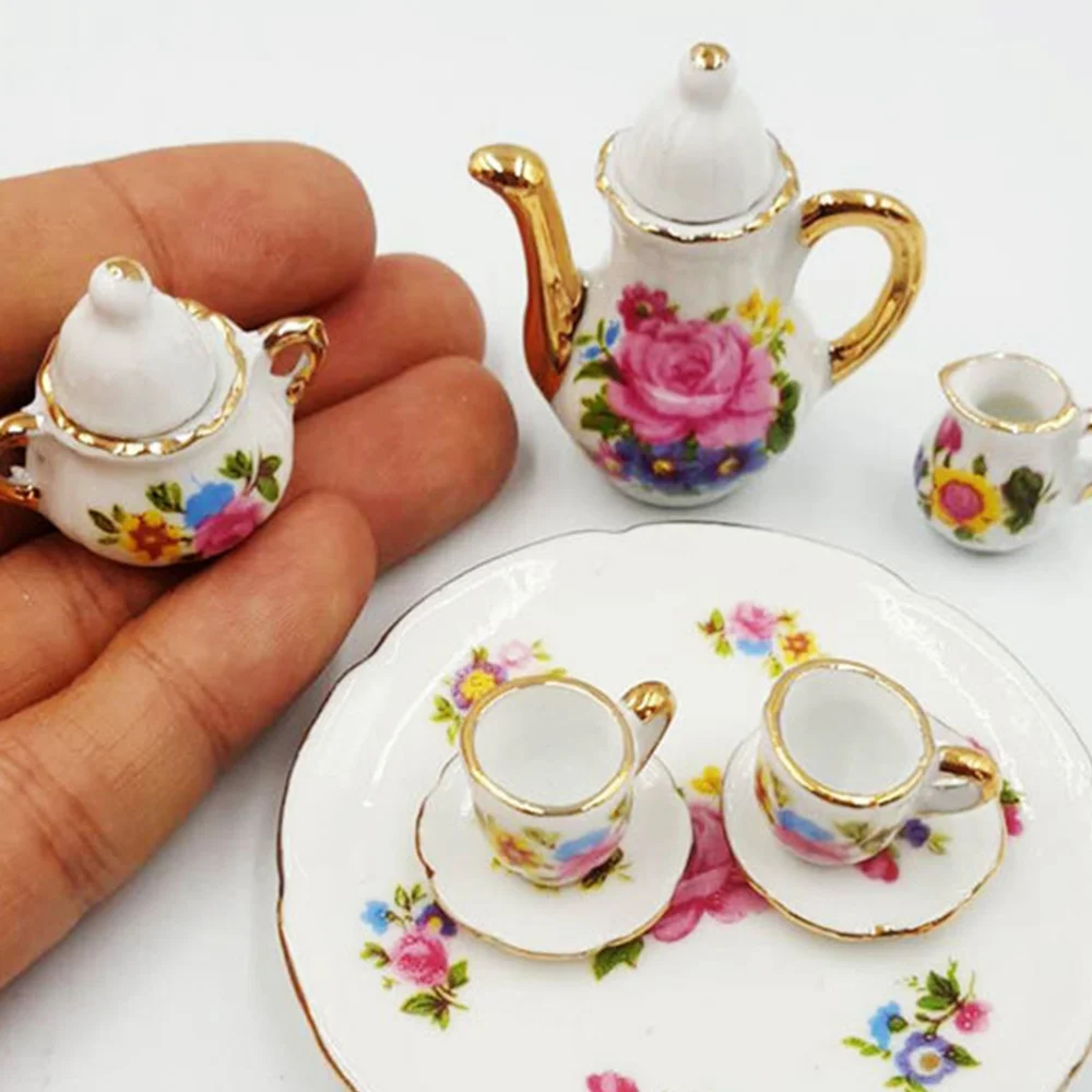 

8pcs Ceramic Mini House Tea Set Miniature Scene Model Desktop Adornment for Decor
