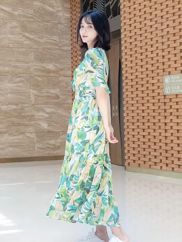 

Vintage 2019 Korean Loose Dress Brief A-line Fashion Print Dresses Chffion V Neck Casual Flarre Sleeve Knee-length Dresses