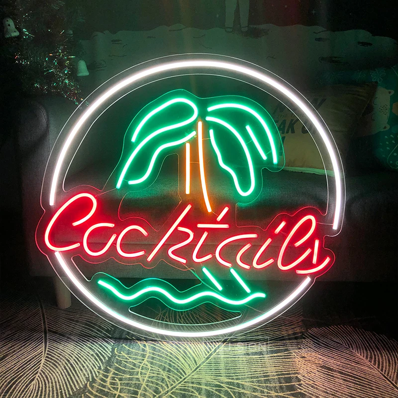 Custom Neon Sign Cocktails Coconut Tree Suitable For Bar Pub Store Business Plaque Luminescent Signboard Home Room Wall Decor