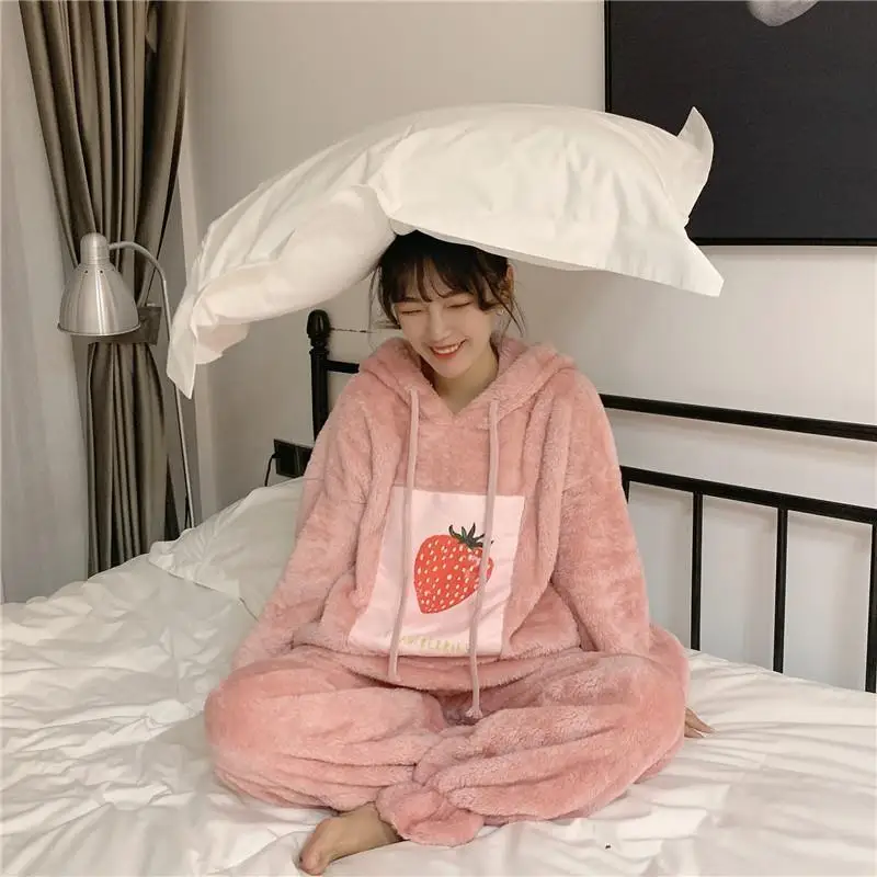 Cute hooded Korean version the pajamas female autumn and winter loose can be worn outside the home furnishing pajamas thickened