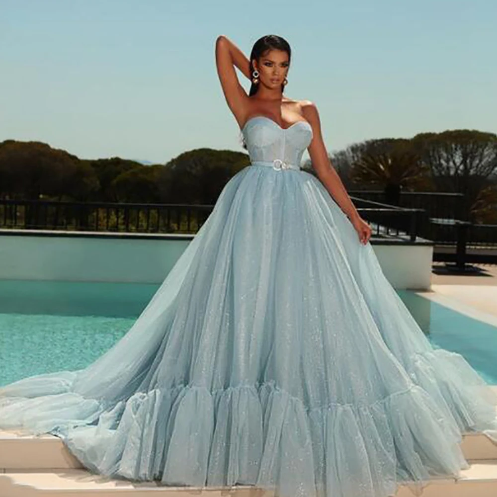 

Sky Blue Sweetheart Neck Evening Dresses Long 2021 Shiny Glitter Corset Back Formal Prom Party Gowns Custom vestidos de fiesta