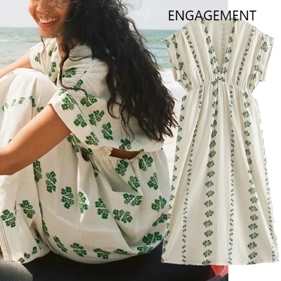

2021 Women Basic Folk Fashion Summer Midi Dress Vintage Floral Printing Holiday Beach Dress Women Vestidos