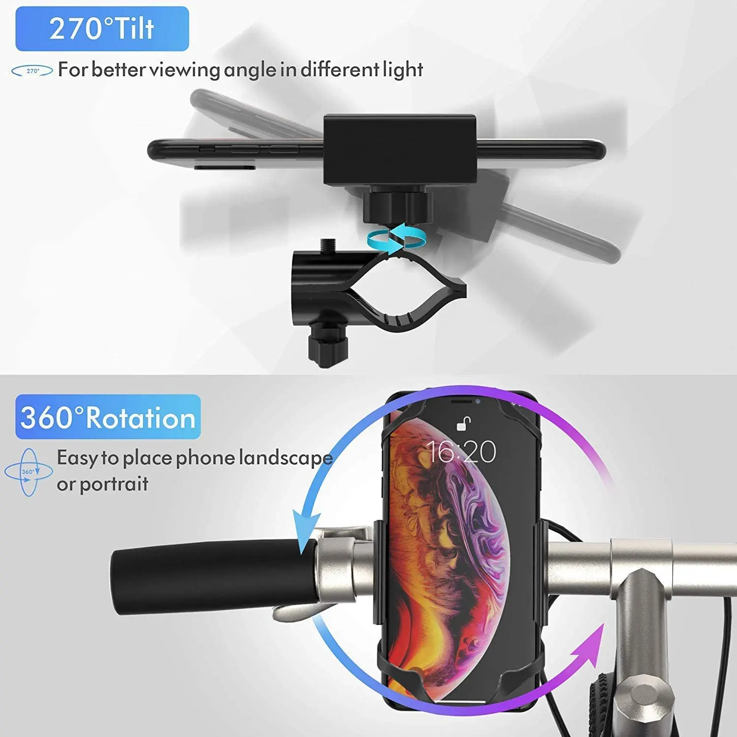 Bike Metal Anti Shake 360 Rotation Phone Holder for Handlebar Bicycle Accessories  with Adjustable Universal Handlebar Cradle