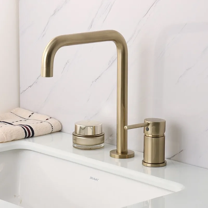 

All-copper brushed gold basin faucet Double-hole split basin faucet Hot and cold wash face and hand bathroom faucet