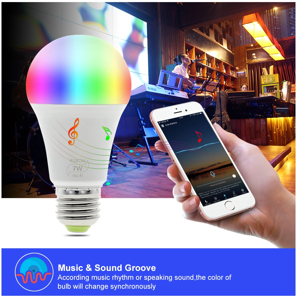 Умсветильник лампа E27 7 Вт аналогична Amazon Alexa и Google Assistant RGB + белая теплая