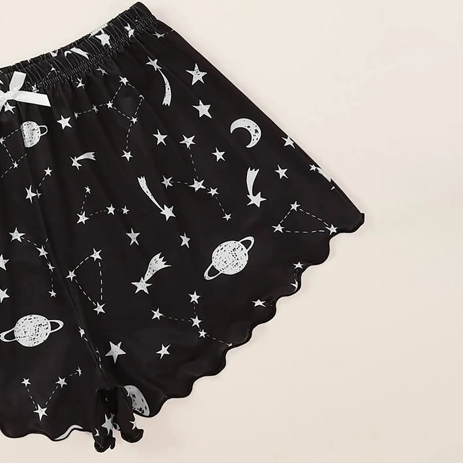 

Pajamas Sets Stars Moon Printing Bowknot Square Collar Black Sleepwear for Women 2021 New Fashion Nightwear Bielizna Damska