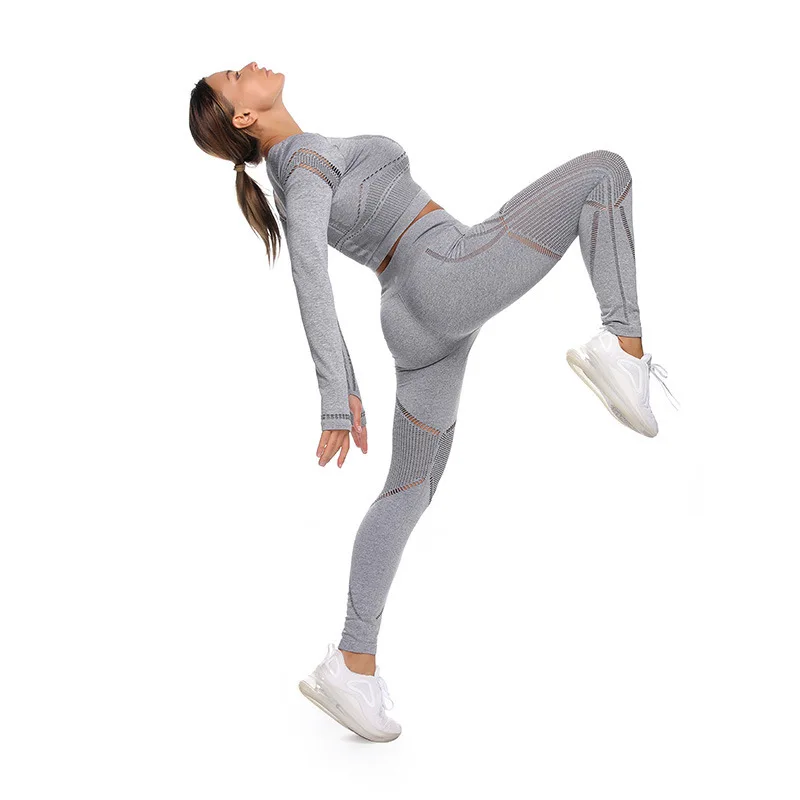 

Gym Set Women Seamless Clothing Cropped Shirts+Fitness Leggings 2 Pieces Sport Suit Long Sleeve Women Mesh Patchwork Tracksuit