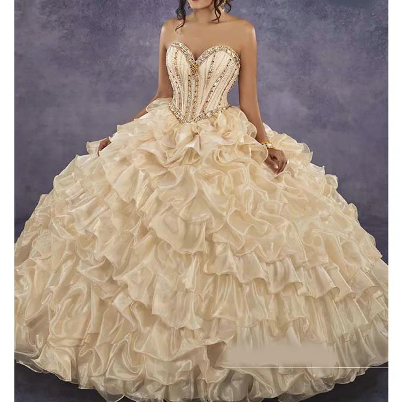 

Champagne Sweet 16 Organza Quinceanera Dresses 2020 Beads Crystal Cascading Ruffles Ball Gown Prom Dress Vestidos De 15 Anos