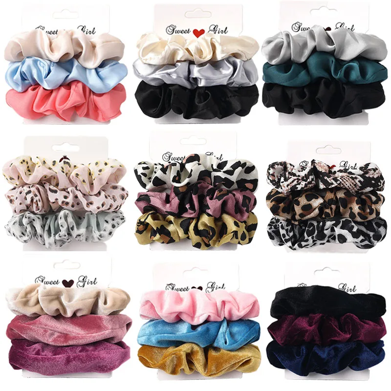 

3PCS/1PC Vintage Velvet/Silk Leopard Pure Color Scrunchies Set Elastic Hair Bands Ponytail Holder Fashion Hair Accessories