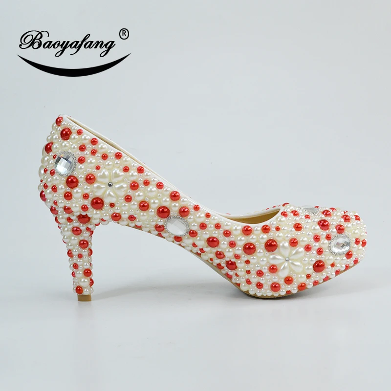 

BaoYaFang New Arrival Red and Cream pearl wedding shoes with matching bags Ladies Fashion Platform shoes High Pumps and bags