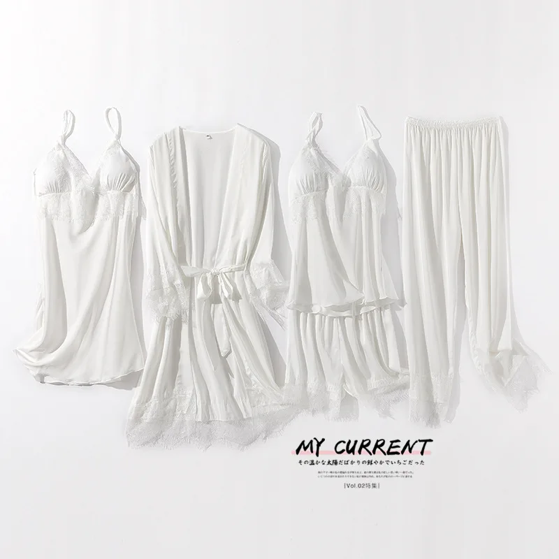 

Satin Sleep Set Thin Casual Home Clothing Sleepwear Loose Rayon Spring New Kimono Gown Lace Trim Lake Blue Women Pajamas Suit