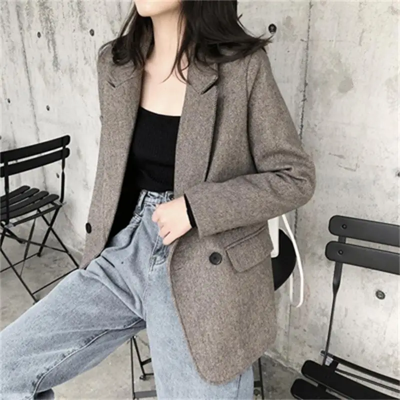 

Fashion Woolen Blazers female jacket spring New high quality loose Double breasted Casual Business suit women Blazers women