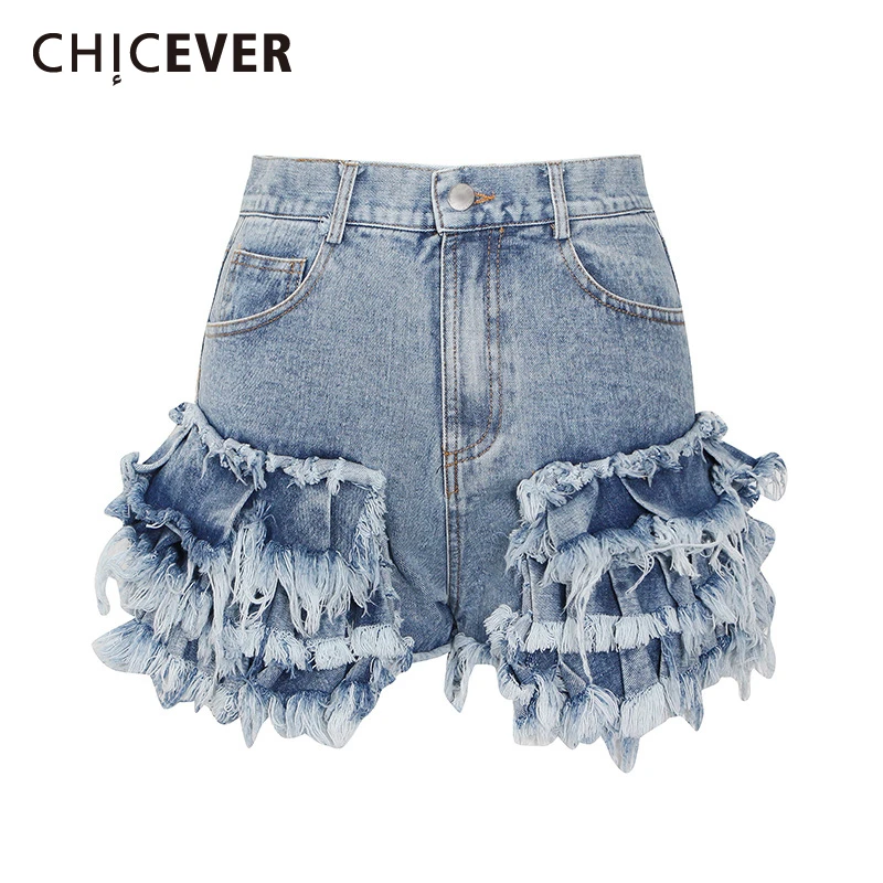 

FAKUNTN Casual Blue Shorts For Women High Waist Patchwork Ruffles Pockets Asmmetrical Slim Short Pant Female 2021 Summer New
