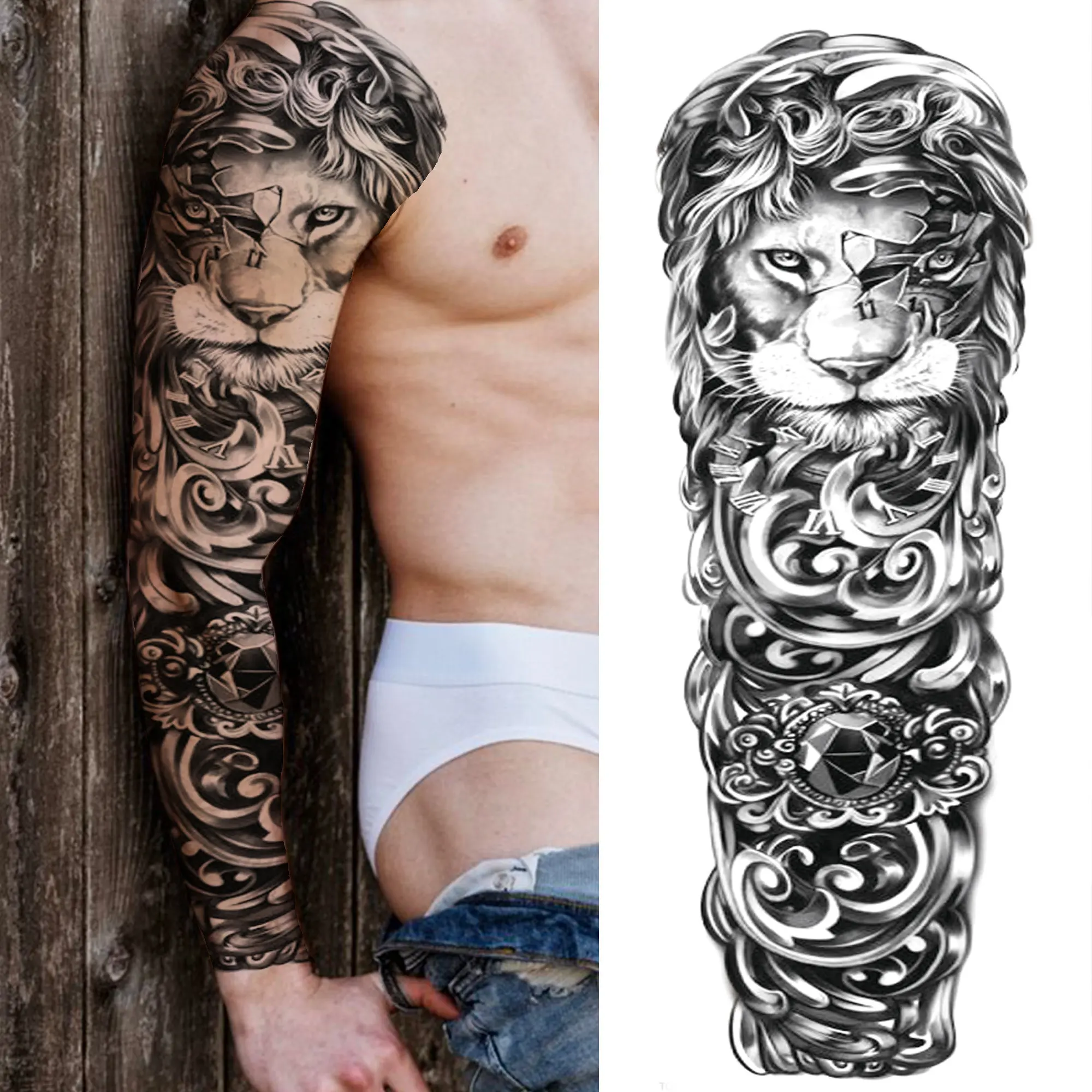 

Death Skull Wolf Temporary Tattoos Sleeve For Women Men Adult Fake Warrior Tattoo Sticker Black Demon Long Size Tatoos Full Arm