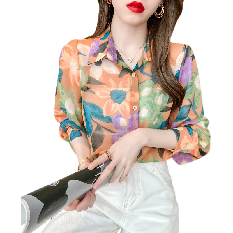 

Women's Blouses Summer Tops New Polo Shirts Korean Printing Loose Long Sleeve Fashion Casual