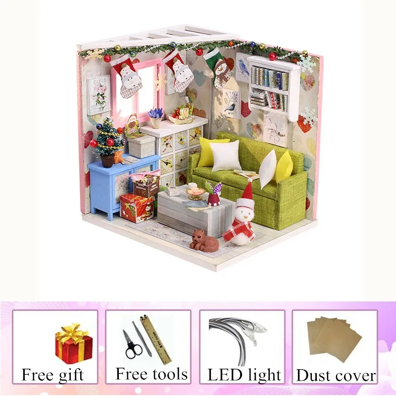 with dust cover miniature house with light kast cat doll accessories diy mini wooden dollhouse tiny child doll house toy oyuncak bebek evi - Цвет: with dust cover