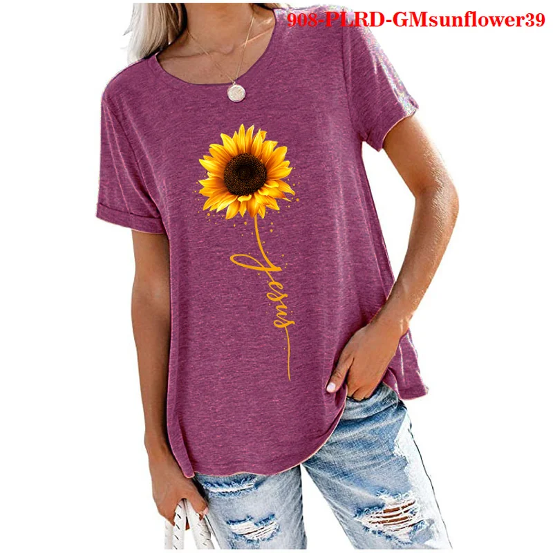 

Faith Sunflower T-shirt Women Plus Size Flower Basic Shirts Ladies Casual T Shirt Femme Top Camiseta Mujer Women Kawaii Tshirt