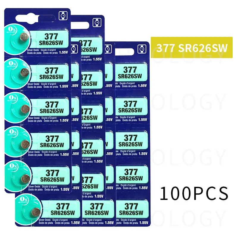 100 шт. долговечная батарея для часов 377 SR626SW SR626 AG4 батарейка из оксида серебра