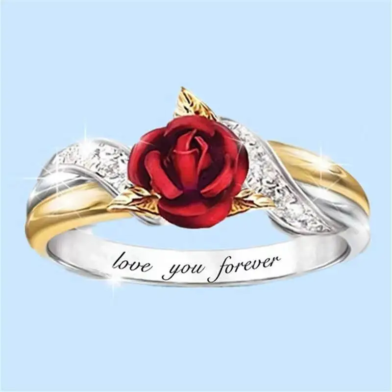 

Alloy Ring with Red Rose and Diamonds Letter Love U Forever Engagement Wedding Rings for Women