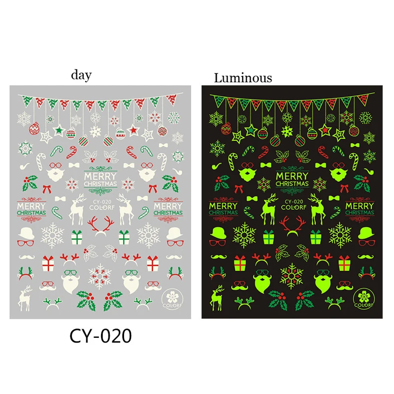 

10PCS Winter Luminous Christmas Snowman Snowman Nail Sticker Christmas Tree and Elk Nail Art Decoration Adhesive Self-adhesive P