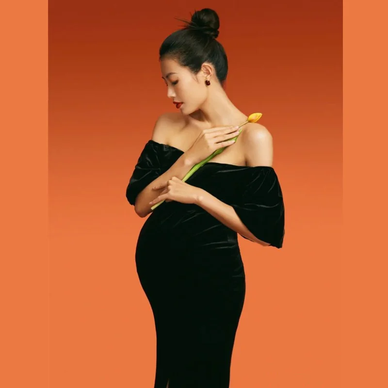 Velvet Maternity Dresses Shoulderless Photography Clothes for Pregnant Women Pregnancy Gowns Black Sheath Photo Shoot  2021 enlarge