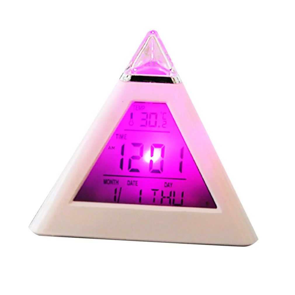 

Креативные модные цифровые часы в виде пирамиды, часы с температурой, светодиодная подсветка 7 цветов, светодиодный Будильник с отображение...