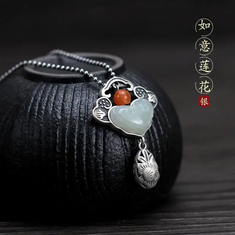 

S925 Sterling Silver Lucky Hetian Jade Necklace Longevity Lock Tassel Pendant Clavicle Chain Antique Style Silver Collar Gift
