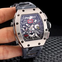 new automatic mechanical skeleton watch black blue camouflage rubber stainless steel sapphire flyback