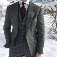 gray wool tweed winter men suits for wedding formal groom tuxedo herringbone male fashion 3 piece jacket vest pantstie