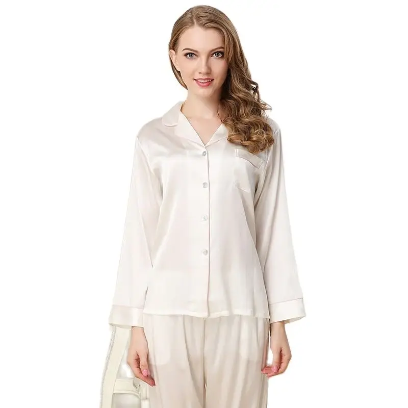 High-Grade Real Silk Women Pajamas Spring Autumn Sexy Satin Silk Long-Sleeve Pajama Pants Sets Comfortable Soft Lounge Set T8130