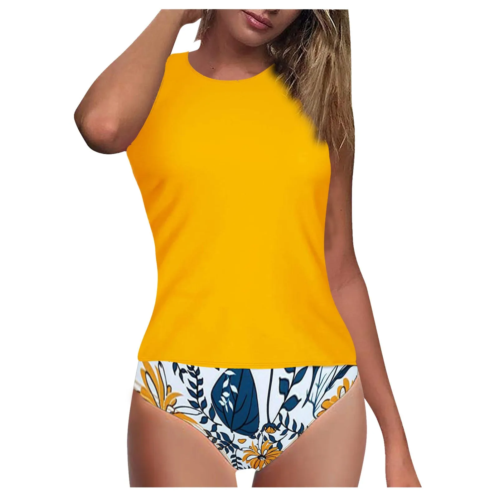

62# Beach Hem Tummy Control Swimsuits Tankini Women Bikinis Beachwear High Waist Swimwear Ladies Flower Print 2 Pcs Bathing Suit
