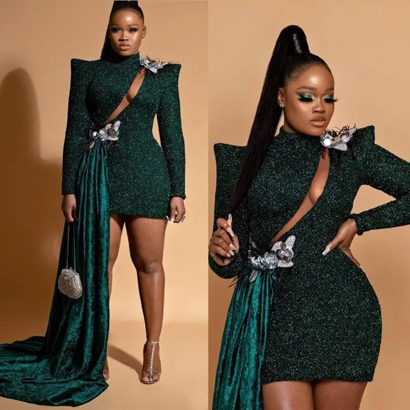 

African Long Sleeve Appliques Prom Dresses High Neck Sequins Short Evening Dress Formal Party Gowns Mini Cocktail Dress