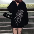 Готическая Черная Стразы панк с капюшоном Женская Фея гранж темная Академия Куртка Пальто Harajuku молния свитшоты эмо альт одежда