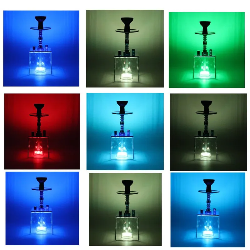 Goede Hoge Kwaliteit Transparante Roken Acryl Aluminium Square Chicha Fles Retail Kubus Shisha Waterpijp Sets Met Led Licht Gift